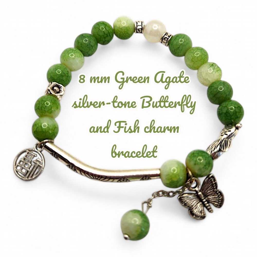 8 mm Green Agate silver-tone Butterfly and Fish charms bracelet